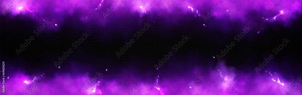 Poster purple lightning and smoke effect frame background. 3d abstract thunder glow cloud border design ele
