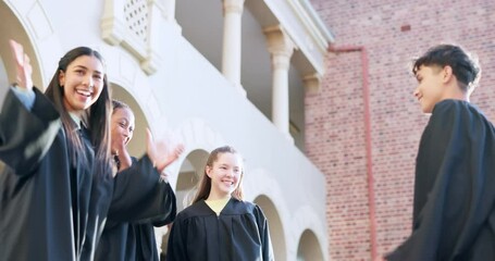 Campus, students and celebration with achievement, graduation and education with congratulations, success or motivation. Group, men or women outdoor, degree or knowledge with pride, academic or smile