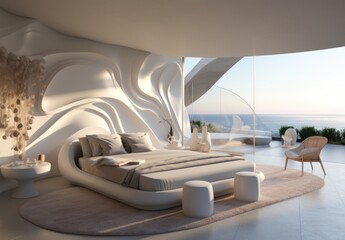 Bedroom interior with relief futuristic wall design