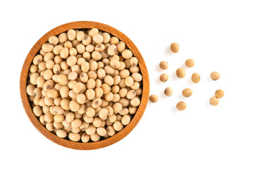 Soybean in wooden bowl isolated on white background.