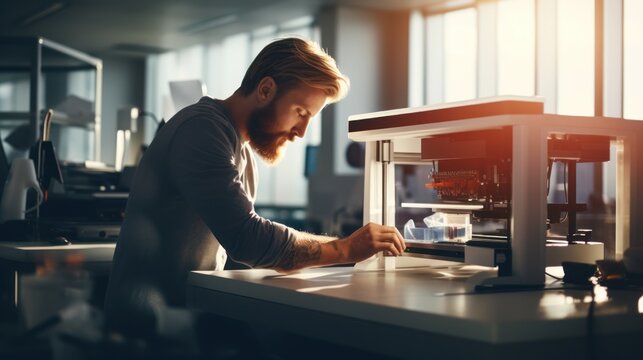 An engineer prints a prototype model on a 3d printer in a laboratory using equipment. Creativity, technology and 3d printing concept.
