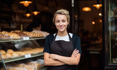 Photo of a woman standing in front of a counter filled with bread