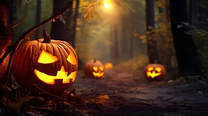 Halloween. Scary pumpkins with glow in the autumn forest.