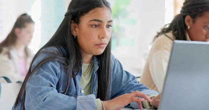 Woman, student and laptop for classroom education, e learning and studying or research in college. Young people typing on computer for university or school information, FAQ or scholarship application