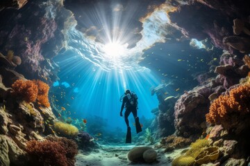 Obraz premium Diver Gracefully Descending Into The Coral Reef, Generative AI