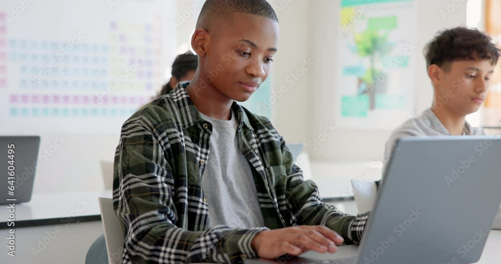 Poster Teenager child, laptop and education at school with research, coding or computer science. Black kid in classroom with technology for learning, problem solving and system or software study at academy