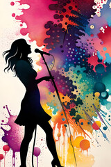 girl singer silhouette rorschach having joy playing music, vibrant watercolor paint splash colorful graffitti artstyle 