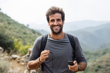 Portrait of smiling man using mobile phone while walking on mountain trail - obrazy, fototapety, plakaty
