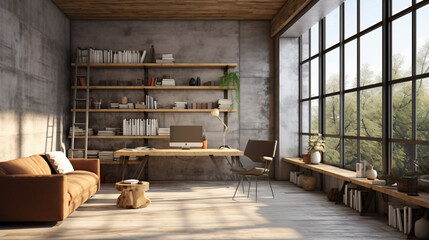 Loft concrete and wooden office interior with window