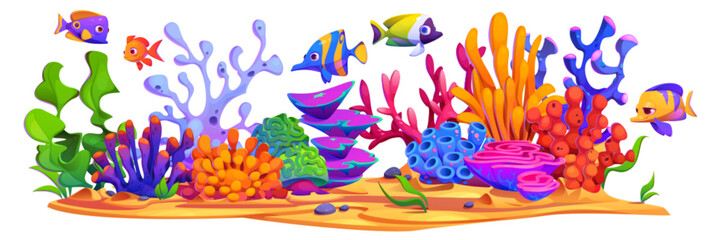 Underwater world with bright seaweeds, corals and swimming fishes. Cartoon vector illustration of sea or aquarium bed with wild marine creatures. Natural panoramic scene with fantasy aquatic habitat.