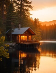 Fototapeta premium Dream Shaper A serene lake side retreat with a cozy cabin nes