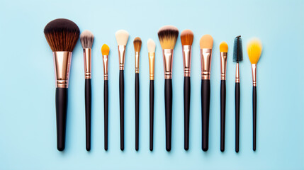 Makeup brushes kit on blue background