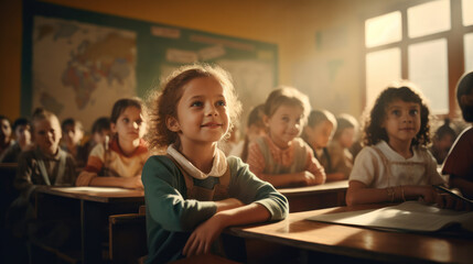 Happy children study in the classroom. A group of kids learn at school. Learning and education concept.