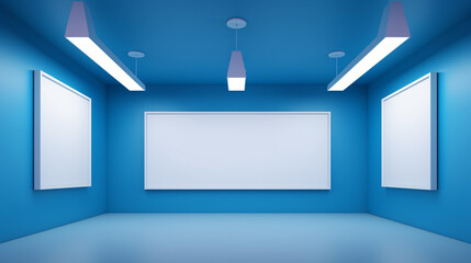 Modern blue gallery interior with ceiling lamps