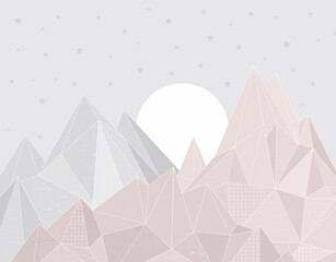 Geometric mountains on the background of the sun wallpaper pink gray