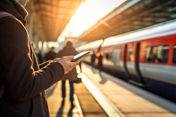 Close up Hand of human using mobile phone at railway station Generative AI. - obrazy, fototapety, plakaty