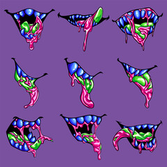 Free vector collection of mouths and teeth of monsters laughing evilly and roaring in striking colors