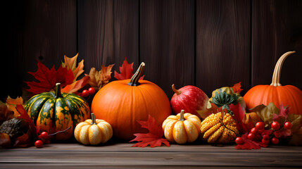 Autumn background with pumpkins and leaves on dark wooden background. halloween and thanksgiving concept