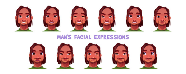 Sad and happy man character facial expression set. Different cartoon male avatar icon with unhappy, smile, scared, surprised and upset handsome boy student mood. Isolated human feeling and reaction