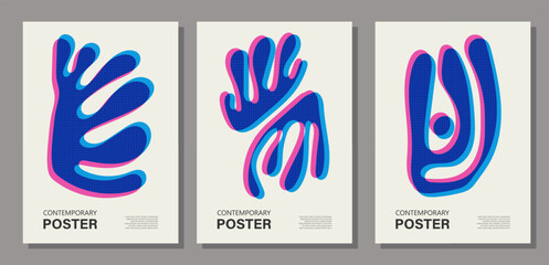 Set of trendy contemporary posters, risograph aesthetics, riso print effect