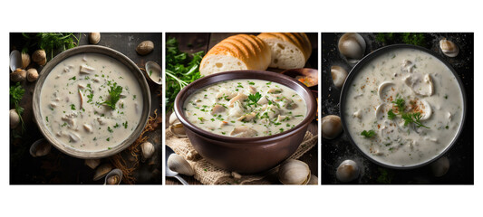 soup clam chowder food texture background illustration sea creamy, delicious cuisine, dish aromatic soup clam chowder food texture background - obrazy, fototapety, plakaty
