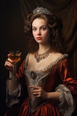 Royal woman with a glass of wine. Funny historical portrait, middle ages royal aesthetics. Queen or princess drinking alcohol.
