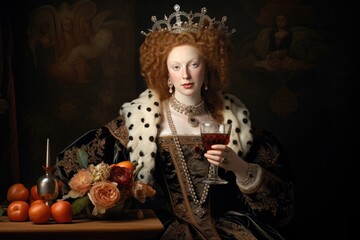 Royal woman with a glass of wine. Funny historical portrait, middle ages royal aesthetics. Queen or princess drinking alcohol.