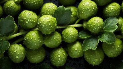 REFRESHING DROP OF WATER ON BRIGHT GREEN BRUSSELS SPROUTS