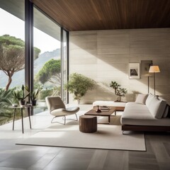 Interior Design, a perspective of a living room and a kitchen, modern furniture, generate ai