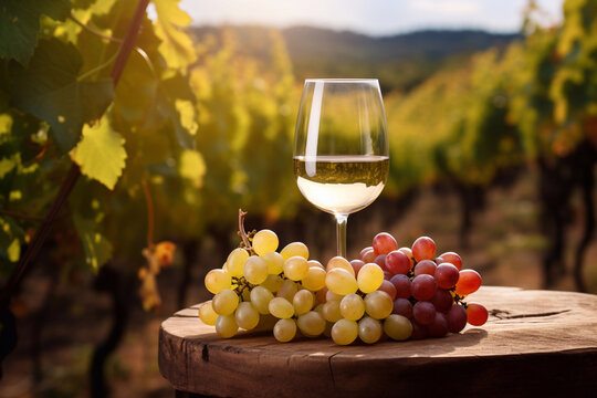 A glass of white wine with grapes in the vineyard
