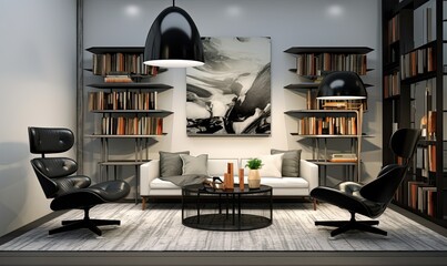 Photo of a cozy living room filled with books on the shelves