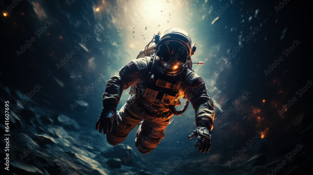 Poster experiencing weightlessness in space on dark background with a place for text photorealism