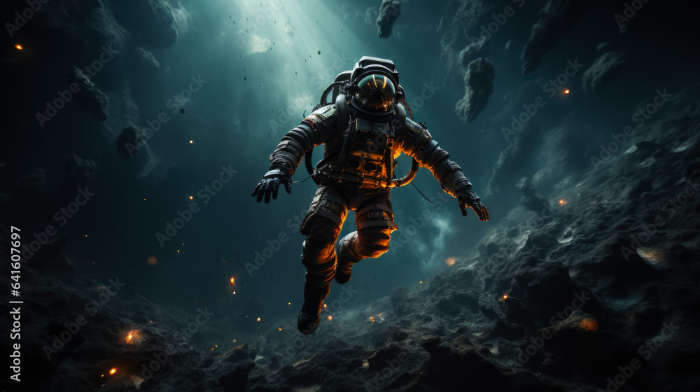 Poster experiencing weightlessness in space on dark background with a place for text photorealism