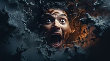 Escaping from a dangerous situation shocked face on dark background with a place for text photorealism 