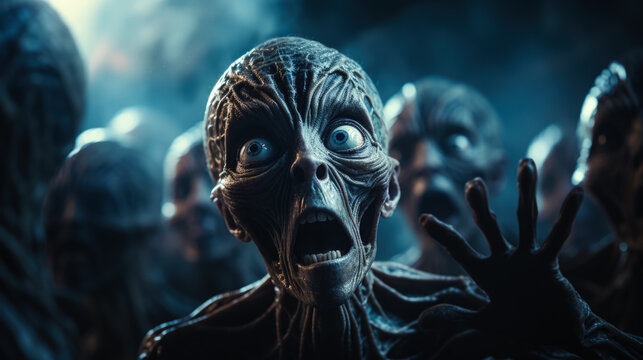 Communicating with aliens or extraterrestrial beings shocked people on dark background with a place for text photorealism 