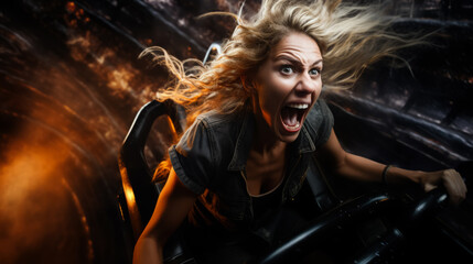 Fototapeta na wymiar Riding a roller coaster endlessly crying woman on dark background with a place for text photorealism 