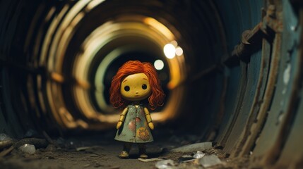 Neglected toy doll with red hair living alone in a dismal abandoned industrial factory, future dystopia after last humans disappeared, somber gloomy mood - generative AI 