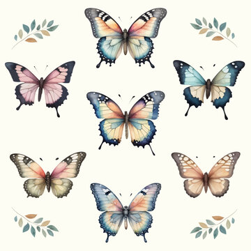 Watercolor colorful butterflies, isolated on white background. blue, yellow, pink and red butterfly spring illustration. Generative AI