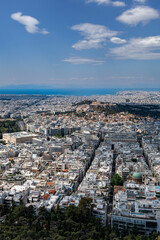 View from Lycabettus Hill viewpoint of the city of Athens Greece and the Mediterranean Sea.

