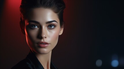 A woman in a striking black dress illuminated by a vibrant red light