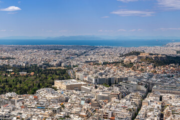 Fototapeta na wymiar View from Lycabettus Hill viewpoint of the city of Athens Greece and the Mediterranean Sea.