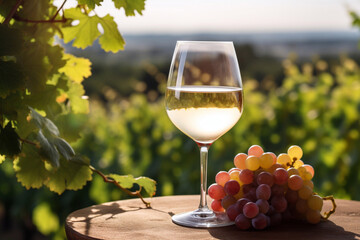 glass of dry White wine ripe grapes on table in vineyard