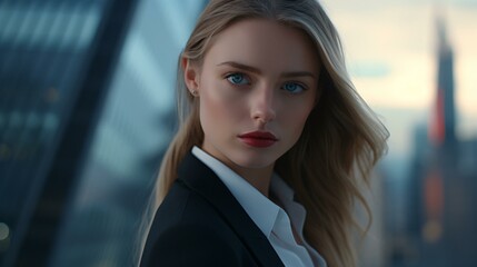 A professional woman in a stylish suit with blonde hair and captivating blue eyes