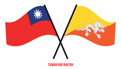 Taiwan and Bhutan Flags Crossed And Waving Flat Style. Official Proportion. Correct Colors.