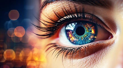 A person's eye with vibrant lights in the background - obrazy, fototapety, plakaty