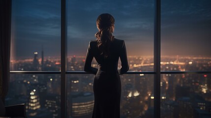 Fototapeta premium A woman gazing out of a window with a scenic city view in the background