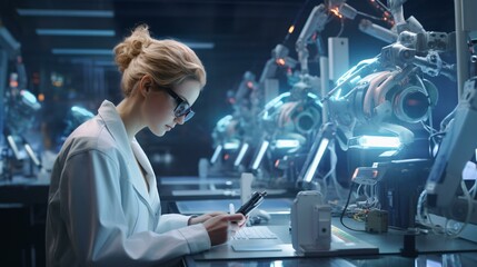 A woman working on a laptop in a science lab - obrazy, fototapety, plakaty