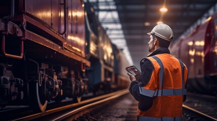 A man in an orange safety vest standing next to a train