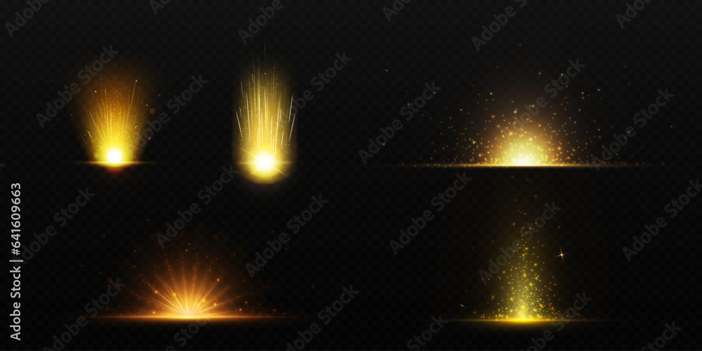 Poster golden explode glow effect - shine light rays with burst and sparkles. sun or star flash with beam a