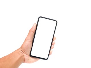 Male hand holding a white screen on a white background. business concept.